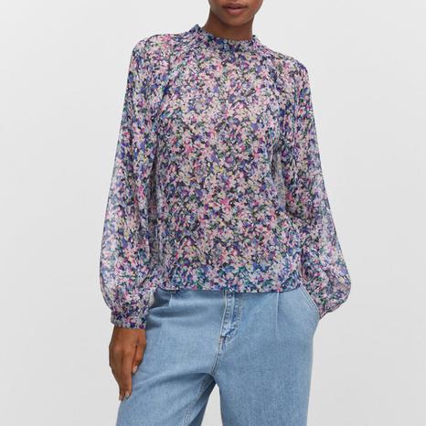 Blue Printed Puff Sleeve Blouse