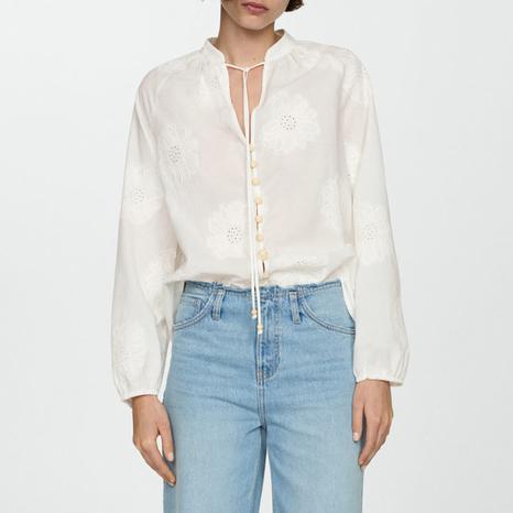 Off White Floral Embroidered Blouse With Bow