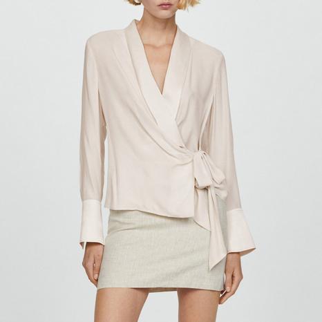Ecru Double-Breasted Blouse With Bow