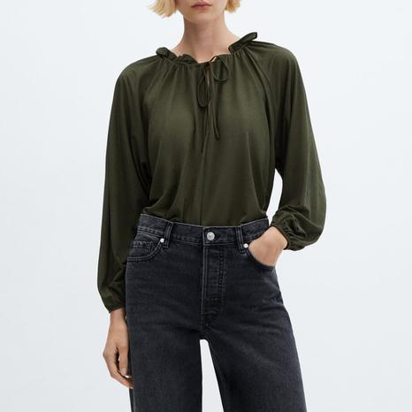 Khaki Puffed Sleeves Blouse