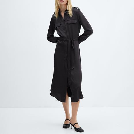 Deep Dark Blue Satin Shirt Dress