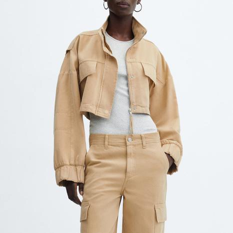  Brown Crop Jacket With Pockets