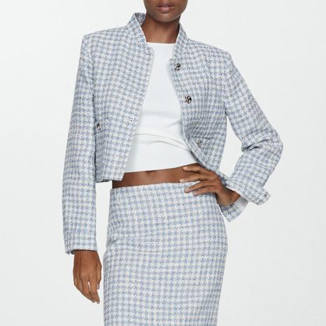Sky Blue Tweed Jacket With Metal Buttons