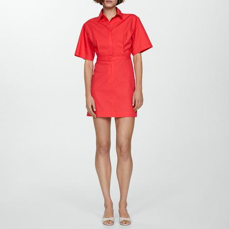 Coral Red Belt Blouse Dress