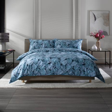 Japanese Tropical Garden Blue 100% Cotton Duvet Cover Set with Piped Edging Blue SuperKing