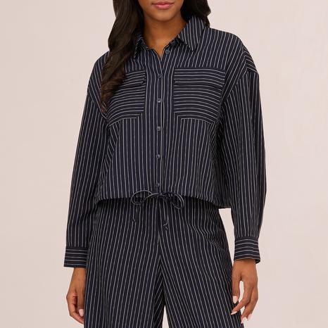 Navy Pinstripe Relaxed Crop Shirt