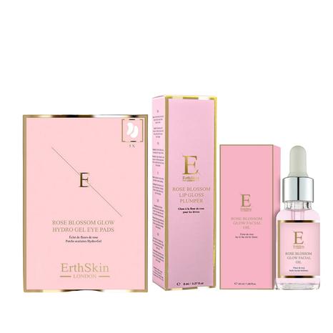 ROSE BLOSSOM GLOW FACIAL OIL 30ML + ROSE BLOSSOM GLOW HYDRO-GEL EYE PADS 5 X 2 + Erth - Rose Blossom Lip Gloss Plumper 8ml