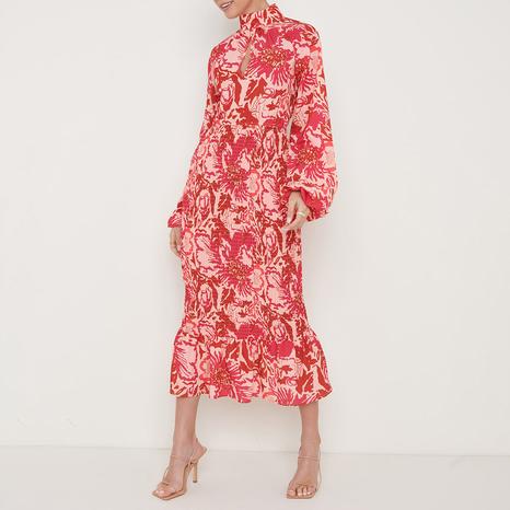 Pink/Red Floral Emily High Neck Shirred Midaxi 