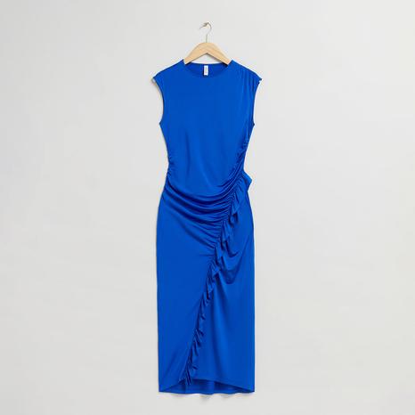 Electric Blue Ruche Ruffle Midi Dress