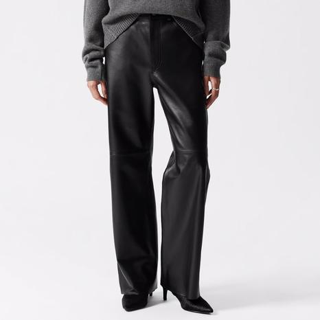 Black Leather Straight Leg Trousers