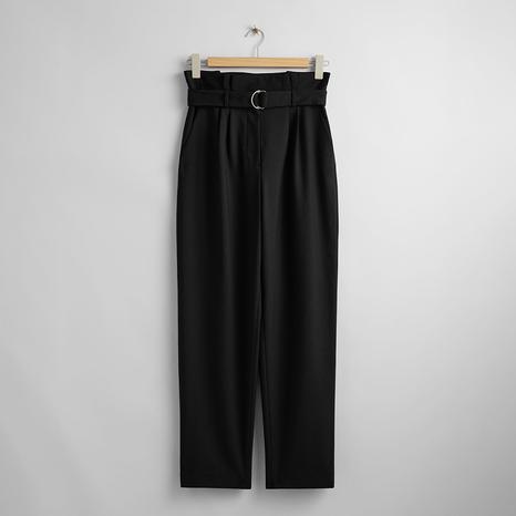 Black Wool Blend Paperbag Trousers