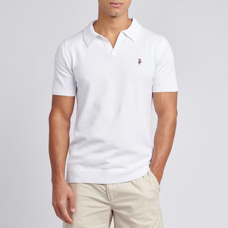 White Open Collar Cotton Knit Polo Top