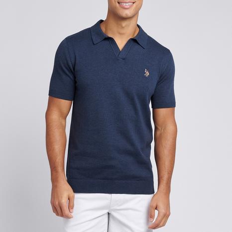Dark Blue Open Collar Cotton Knit Polo Top