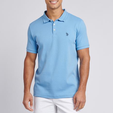 Blue Ribbed Cotton Blend Polo Shirt