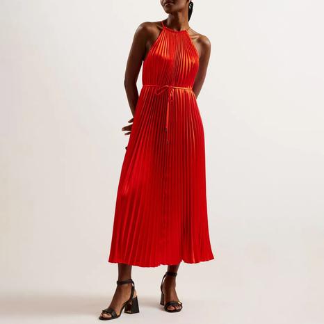 Red Melike Pleated Halterneck Midi Dress