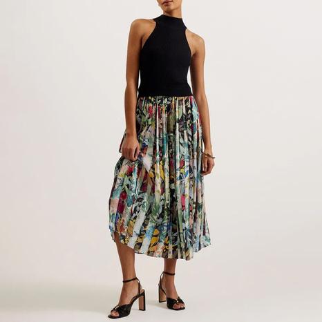 Black Corino Mockable Pleated Dress