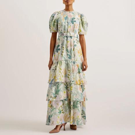 Cream Devero Belted Tiered Maxi Dress