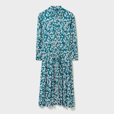 Turquoise Printed Pleated Shirt Dress