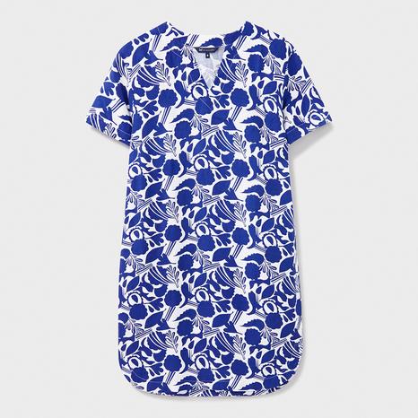 Royal Blue Printed Lea Linen Blend Shift Dress