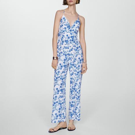 Blue Floral-Print Cotton Jumpsuit