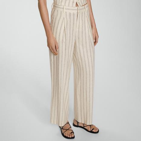 Ecru Striped Linen-Blend Trousers