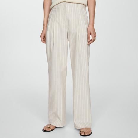 Beige Straight Striped Trousers