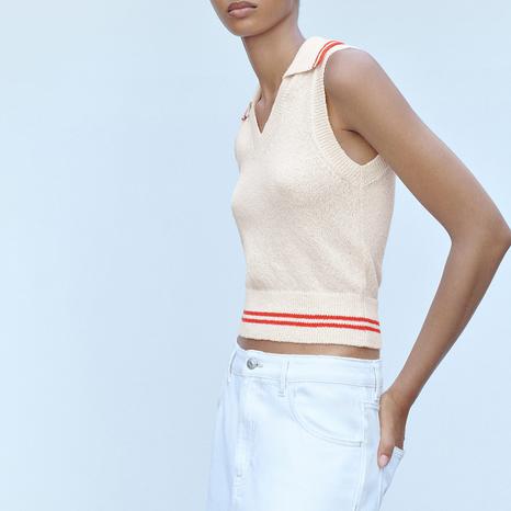Ecru Striped Knitted Gilet