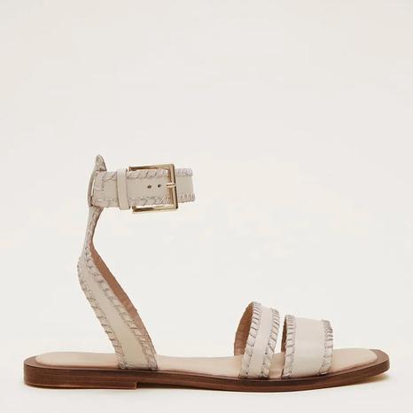 Cream Leather Stitched Flat Sandals