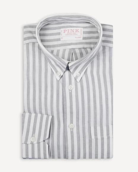 Thomas Pink Pale Grey/White Tailored Fit Stripe Smart Casual Shirt