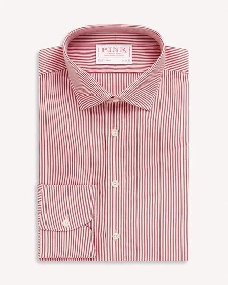 Thomas Pink Red and White Slim Fit Formal Bengal Stripe Shirt