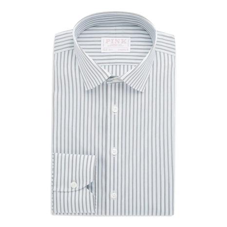 Thomas Pink Athletic Fit Green Stripe Shirt in Stretch Poplin Cotton