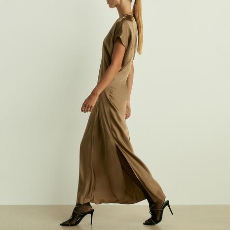 Khaki Satin Draped Split Midi Dress