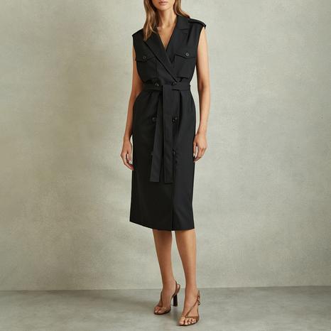 Black Wool Blend Double Breasted Midi Dress