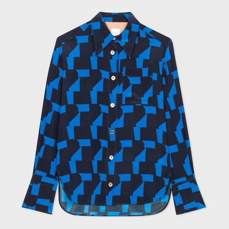 Black/Blue Geometric Print Silk Shirt