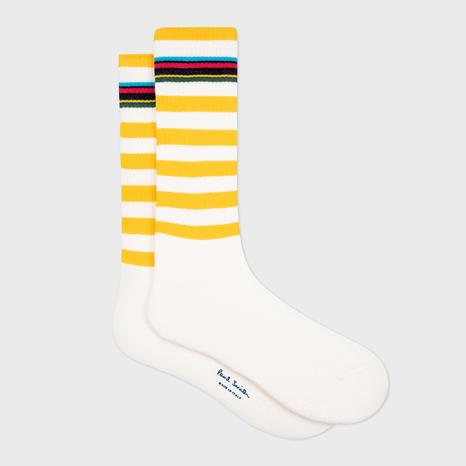 White/ Yellow Stripe Longline Logo Socks