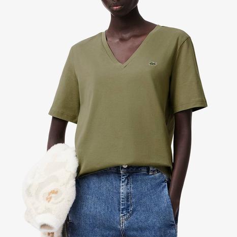 Khaki V-Neck Cotton Logo T-Shirt