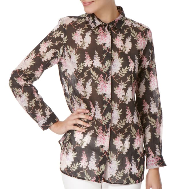 Celine Black Floral Print Sheer Cotton Shirt