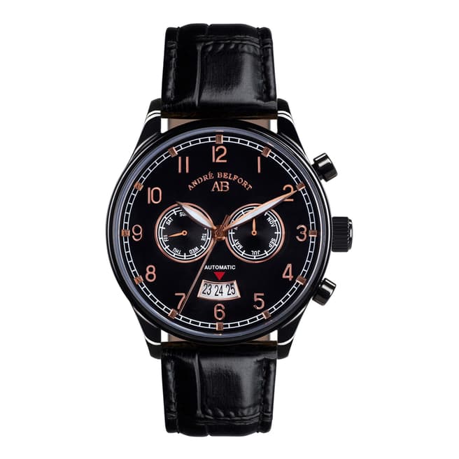 Andre Belfort Men's Black/Rose Gold Calendrier IP Leather Watch