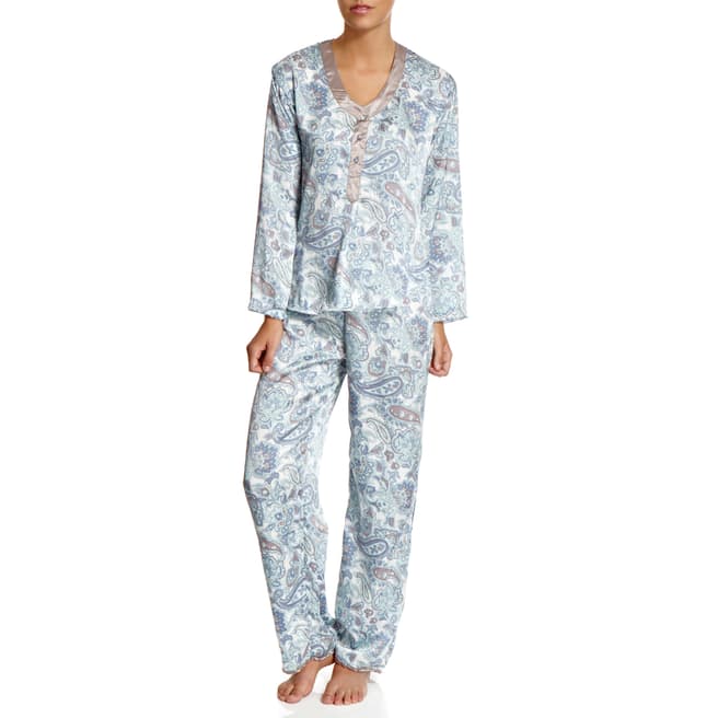 Cottonreal Blue/Taupe Floral Baseball Silky Pyjamas