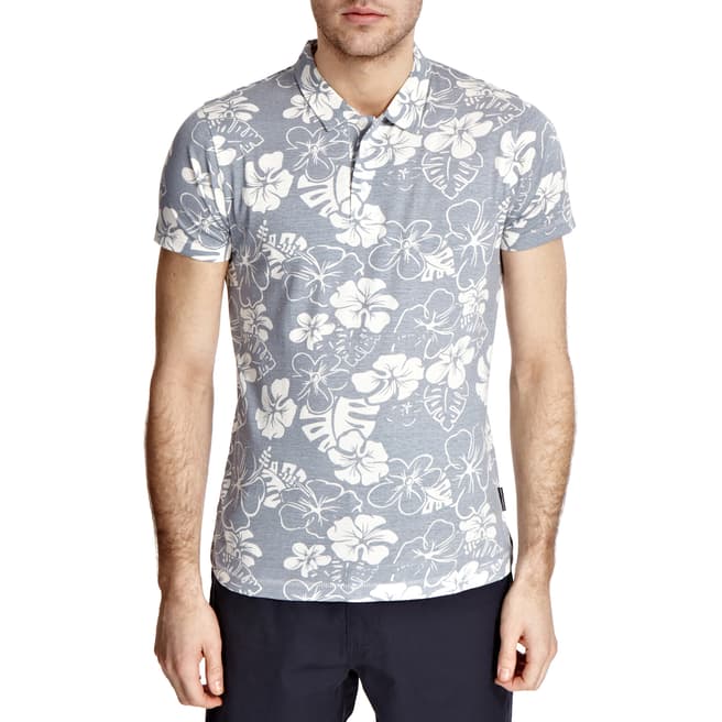 French Connection Men's Blue Hibiscus Print Cotton Polo Shirt