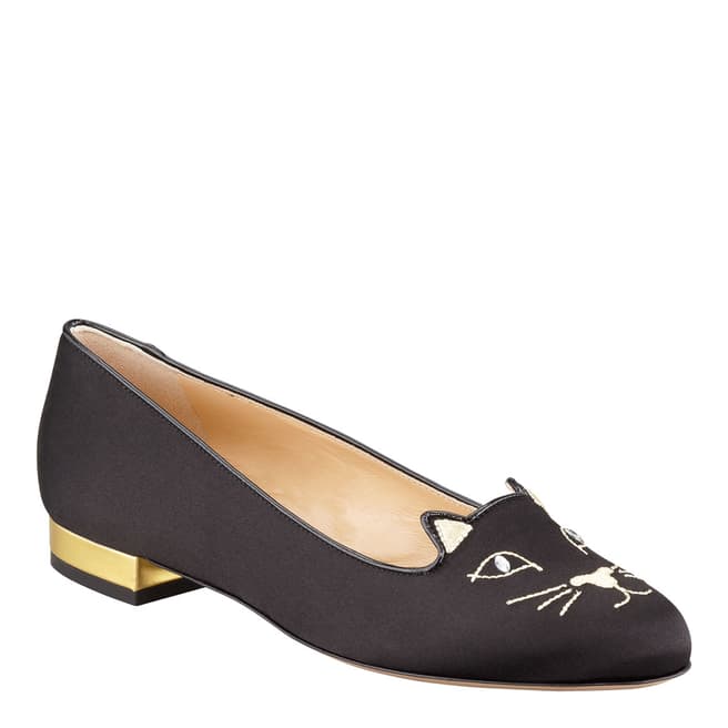 Charlotte Olympia Black Silk Embroidered Kitty Slipper Pumps 