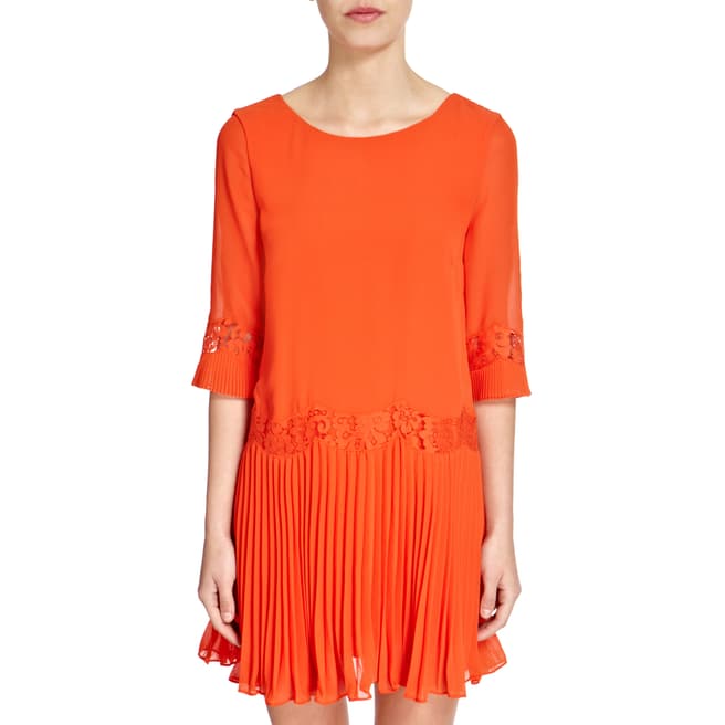 French Connection Orange Swing Style Lace/Pleated Dress