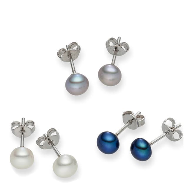 Nova Pearls Copenhagen Set of Three White/Light Violet/Blue Freshwater Pearl Stud Earrings 7mm