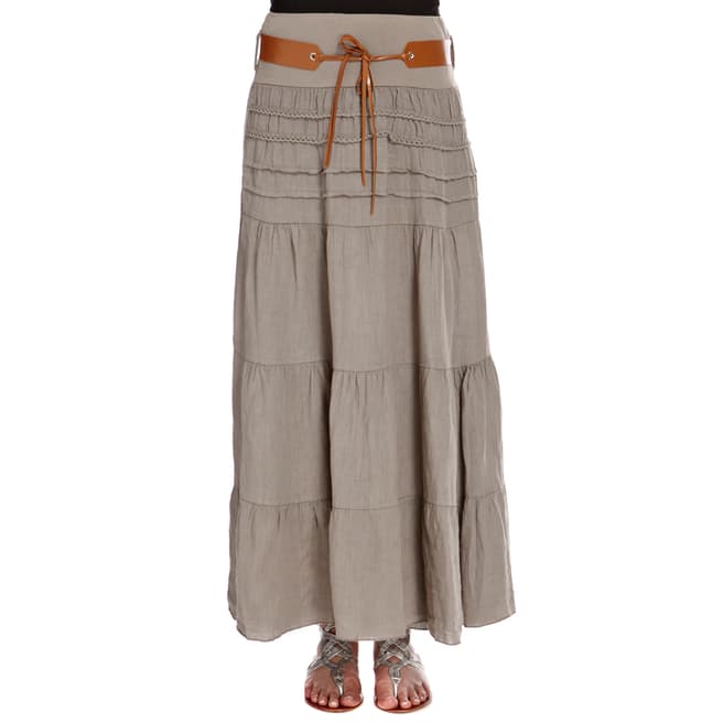 Comptoir Du Lin Taupe Belted Boho Linen Maxi Skirt
