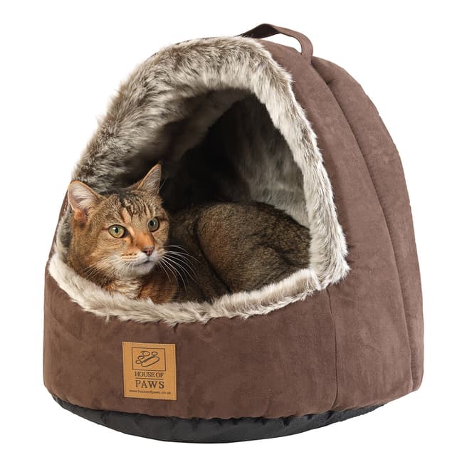 House Of Paws Brown Faux Fur Hooded Arctic Cat Bed