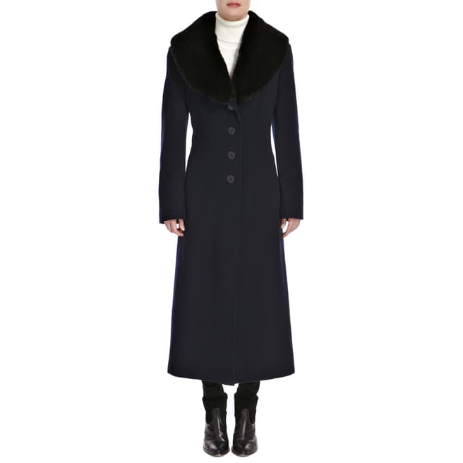 Precis Navy Faux Fur Shawl Collar Wool/Cashmere Blend Petite Long Coat 