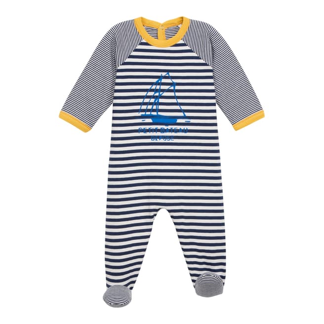 Petit Bateau Baby Boy's Blue/White Stripe Boat Cotton Blend Sleepsuit 