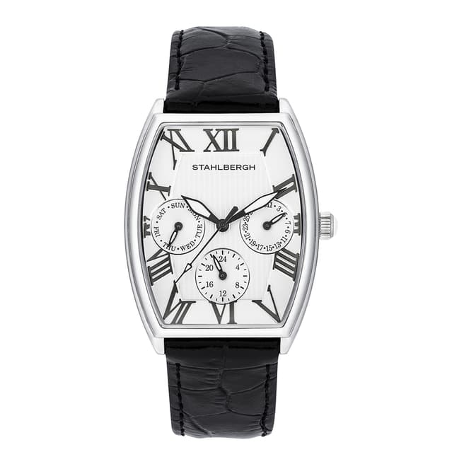 Stahlbergh Unisex Black/White Leather Strap Stainless Steel Rectangular Watch