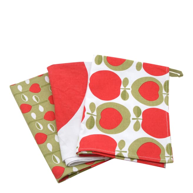 Typhoon Set of Three Red/Green Apple Heart Print Tea Towels