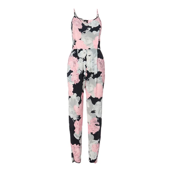 WHISTLES Black/Pink Gracie Floral Print Jumpsuit 